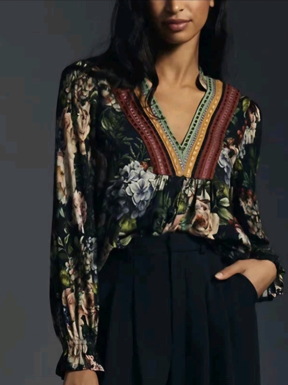 bl^nk London Floral Long Sleeve Blouse with Embroidered Trim